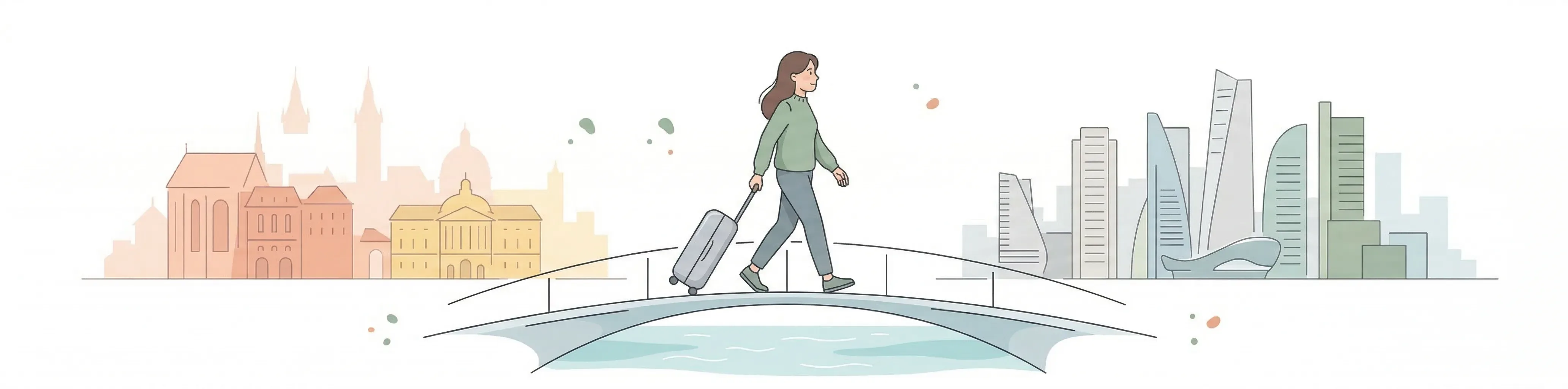 Человек с чемоданом на мосту между двумя берегами — знакомый город позади, новый впереди