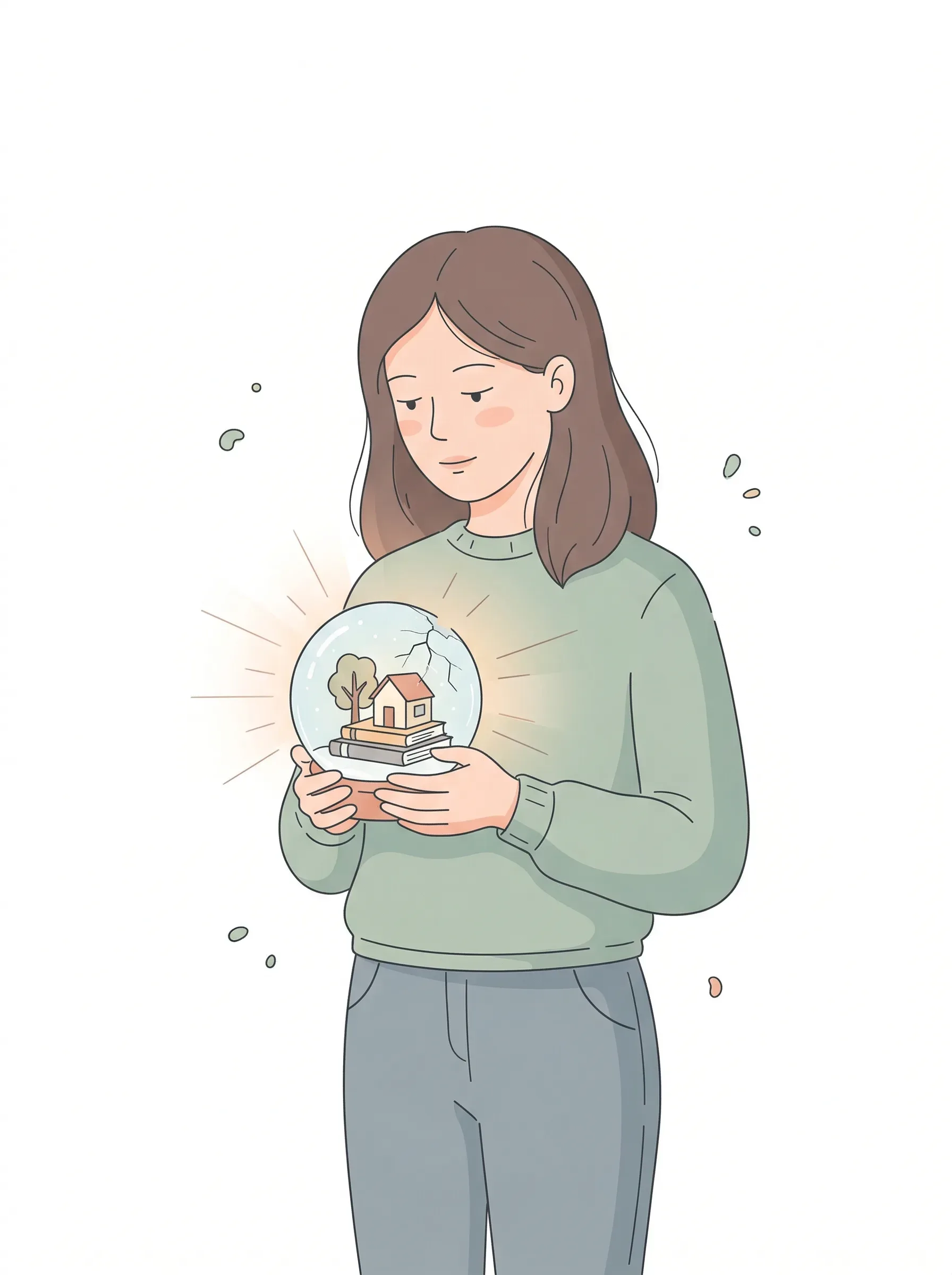 Человек бережно держит прозрачный шар с миниатюрным уютным мирком — домик, дерево, книги. Шар с трещинками, из которых идёт мягкий свет