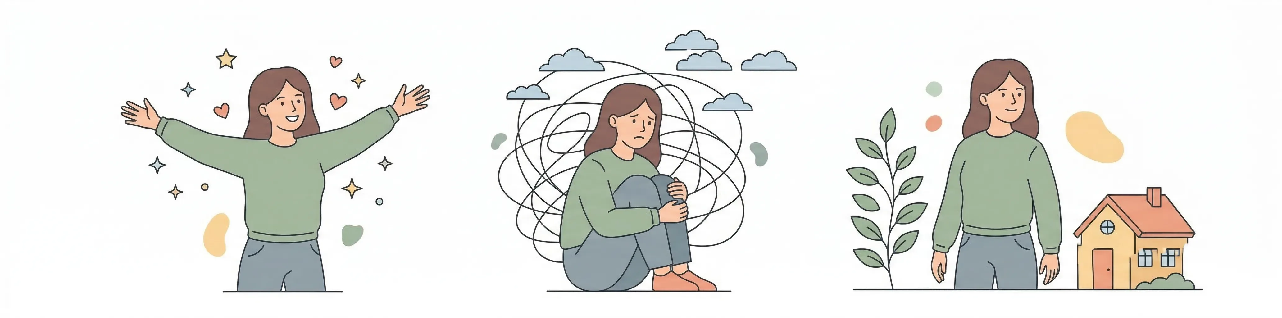 Три стадии адаптации: эйфория медового месяца, кризис с запутанными мыслями, восстановление с растением и домом