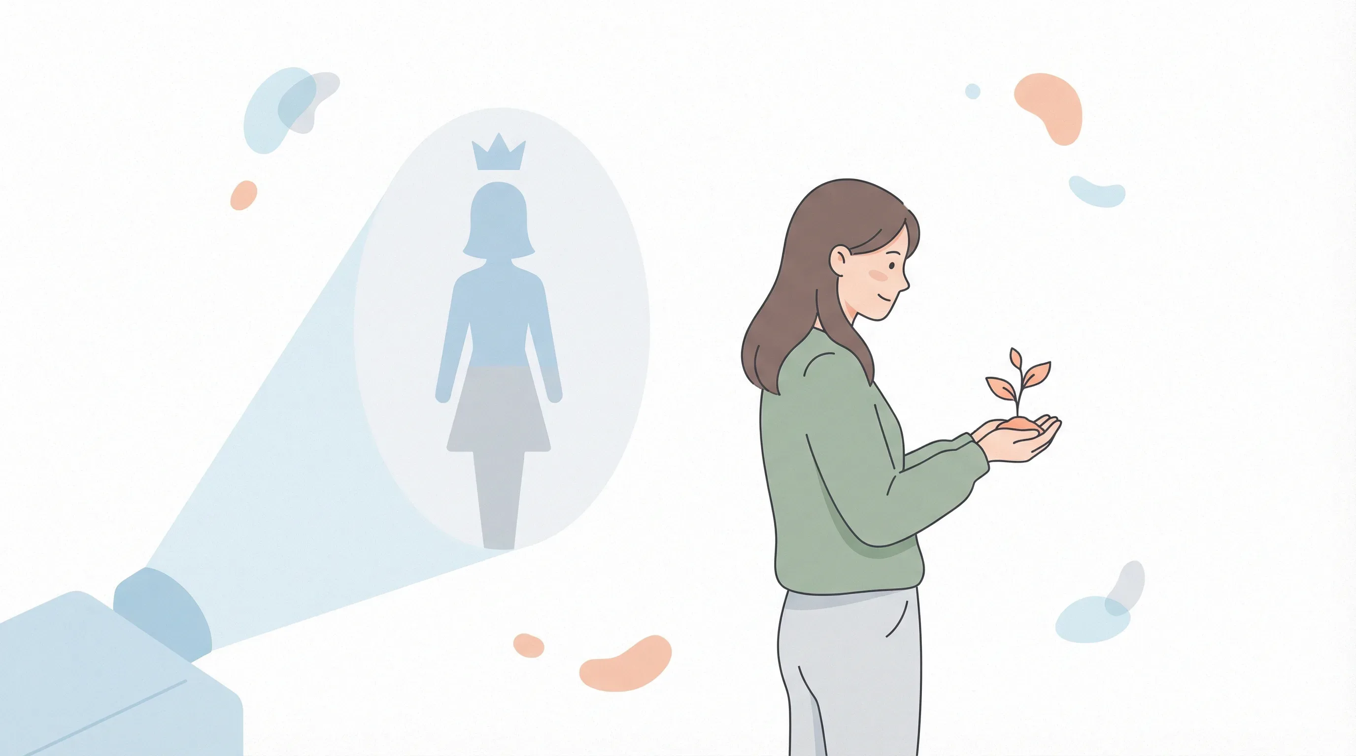 Слева проекция идеального силуэта с короной, справа девушка бережно держит живой росток — выбор между навязанным идеалом и подлинной самоценностью